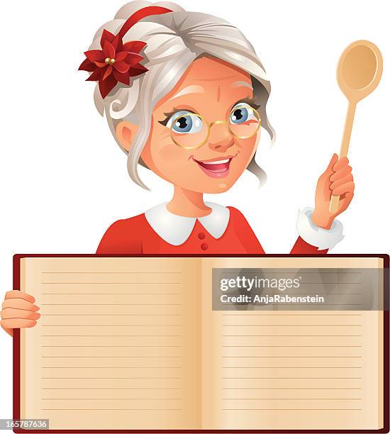 cute modern mrs. claus behind blank cookbook holding wooden spoon - mrs claus stock illustrations