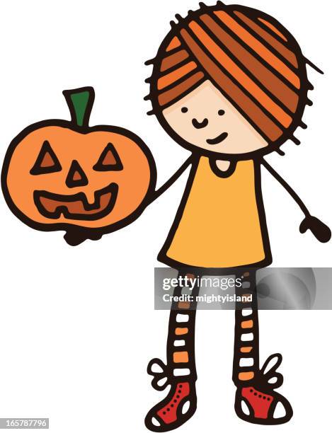 little girl holding a pumpkin - small pumpkin white background stock illustrations