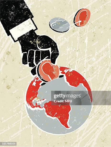 hand putting coins in an earth money box - climate change money stock illustrations