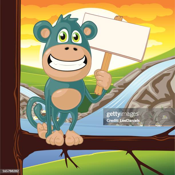 monkey holding a blank sign - waterfall sun stock illustrations