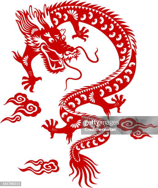 chinesischer drache kunst papier-schnitt - drachen stock-grafiken, -clipart, -cartoons und -symbole