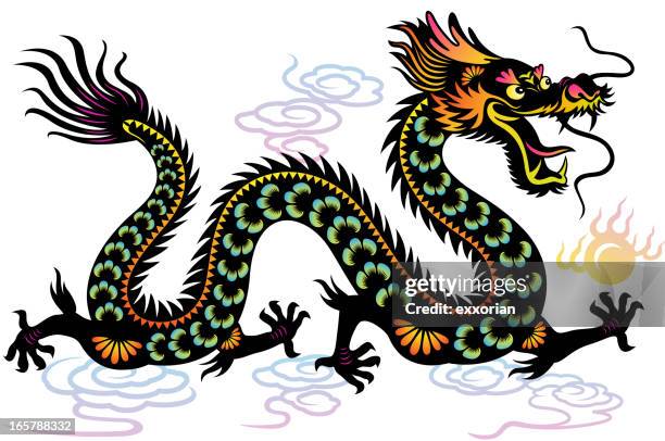 year of the dragon colorful paper-cut art - chinese dragon stock illustrations