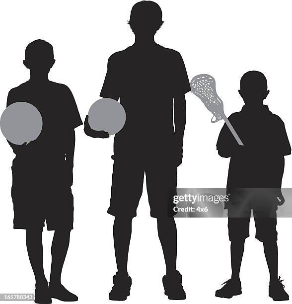 Silhouette Of Three Boys With Sports Equipments High-Res Vector Graphic