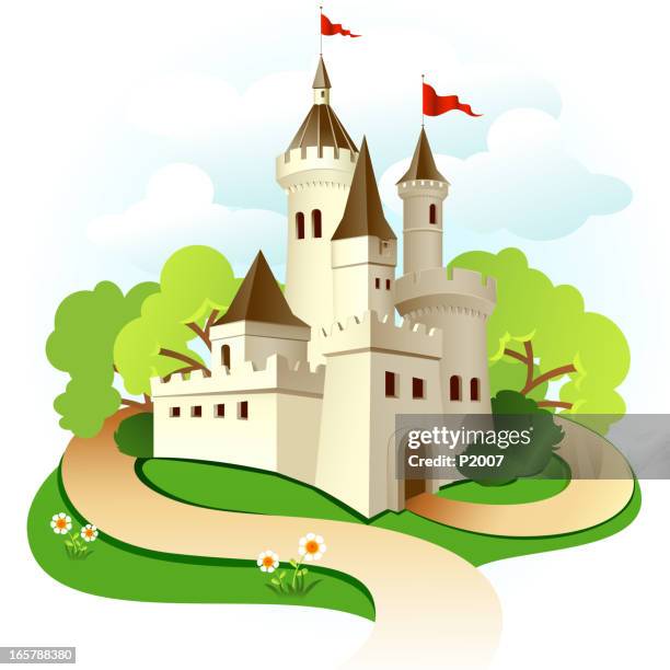 illustrated castle with trees and sky - castle 幅插畫檔、美工圖案、卡通及圖標