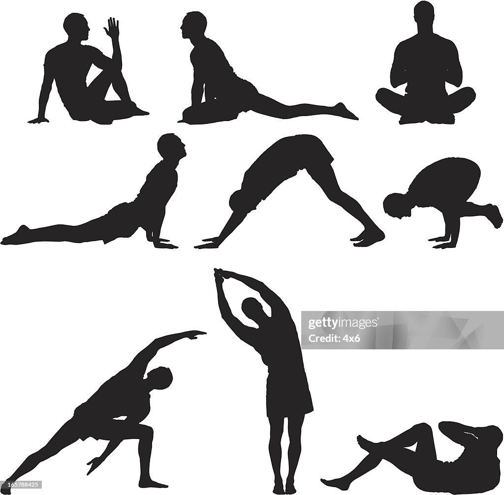 Multiple images of a man practicing yoga