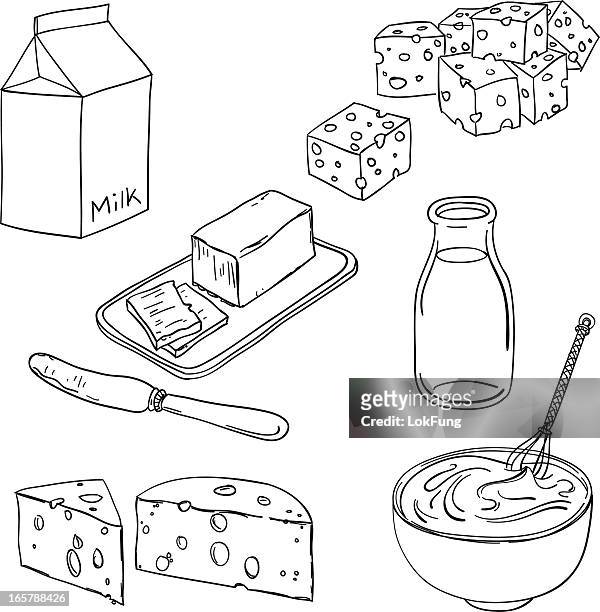 dairy products in black and white - milk bottle drawing stock illustrations