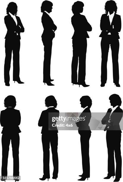 multiple images of a businesswoman with arms crossed - looking away stock illustrations