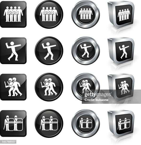 riot police royalty free vector button set - hand throwing stock illustrations