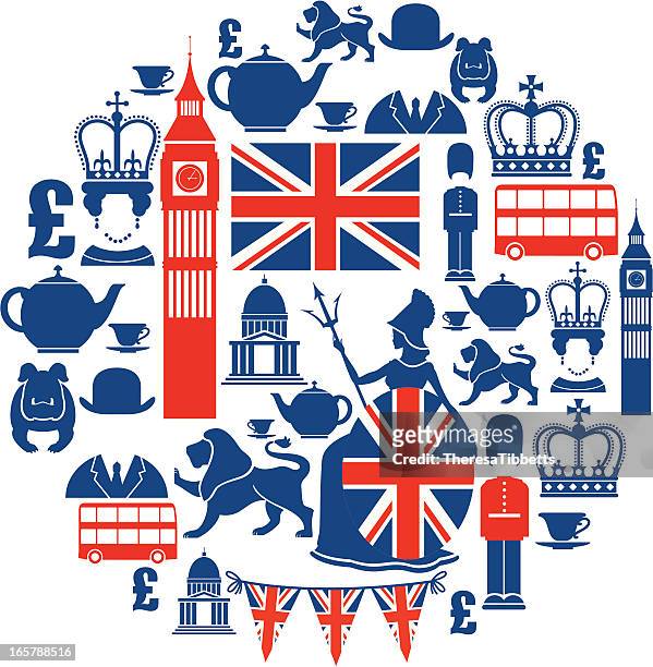set of british themed icons in blue and red - british culture stock illustrations