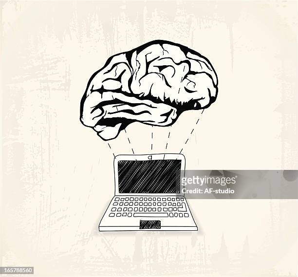 smart laptop - brain sketch stock illustrations