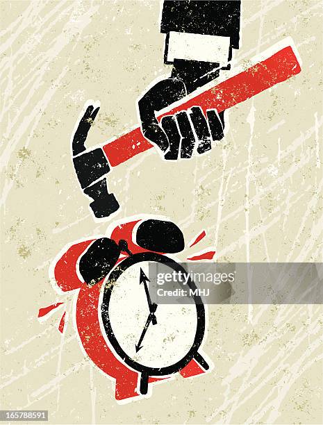 alarm clock being hit with a hammer - hitting alarm clock stock illustrations