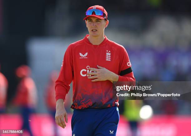 Harry Brook of England looks on during the 3rd Vitality T20 match between England and New Zealand at Edgbaston on September 03, 2023 in Birmingham,...