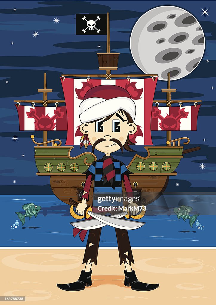 Cute Pirate and Ship Beach Scene