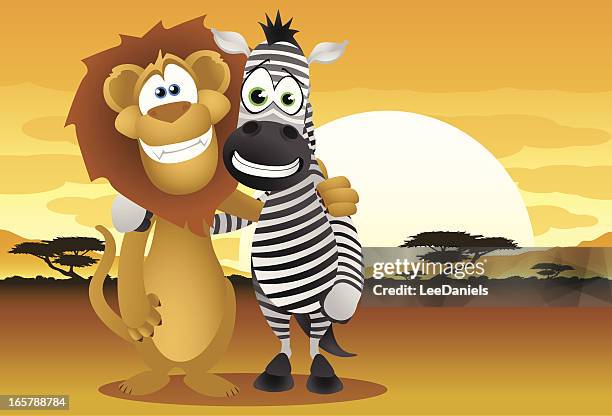 löwe, zebra, freunden - safari stock-grafiken, -clipart, -cartoons und -symbole