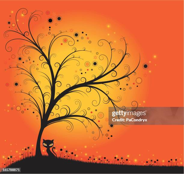enchanted spooky cat - lightning bugs stock illustrations