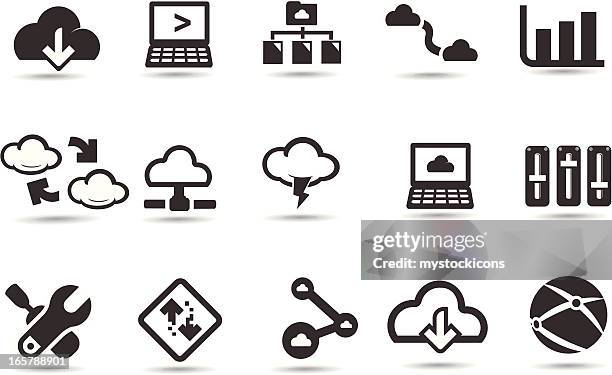 cloud network icons - black computer engineer stock illustrations
