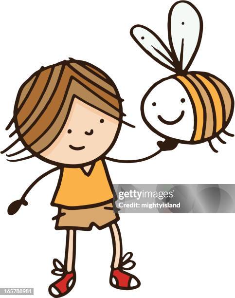 boy holding a large bee - bumblebee stock illustrations