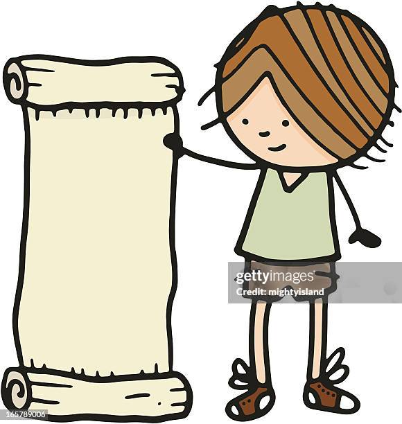 boy holding up an old scroll - student thinking white background stock illustrations