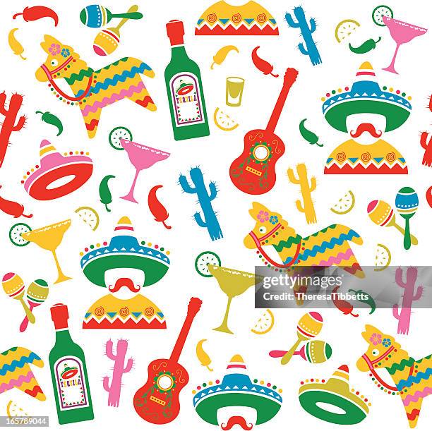 stockillustraties, clipart, cartoons en iconen met mexican party seamless pattern - mexicaanse etniciteit
