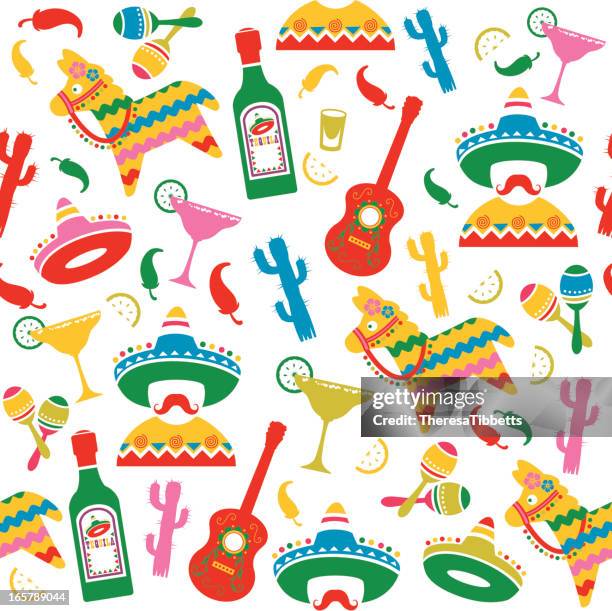 mexican party seamless pattern - cactus sombrero stock illustrations