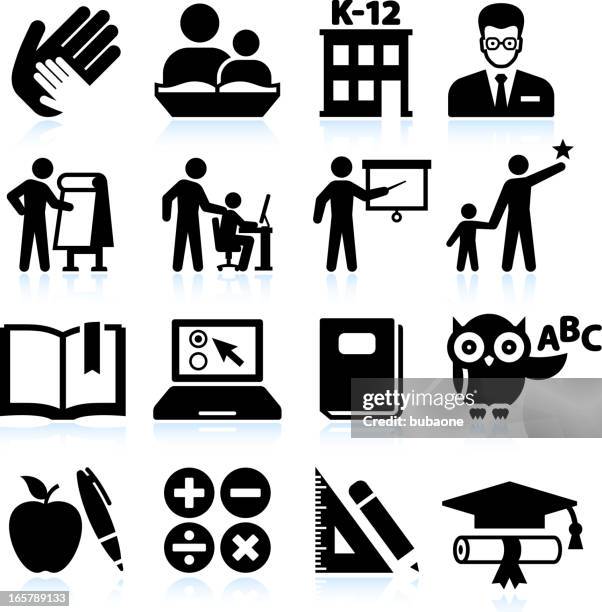 tutoring and education black & white vector icon set - elementary school stock illustrations