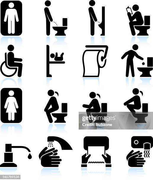 stockillustraties, clipart, cartoons en iconen met restroom bathroom amenities and signs black & white icon set - gehandicaptenparkeerplaats