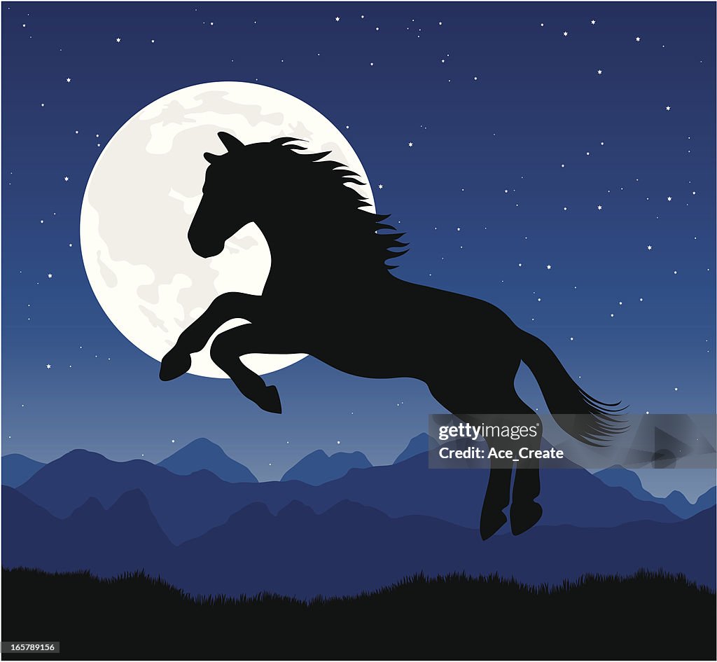 Cavalo silhueta Saltar com a lua cheia