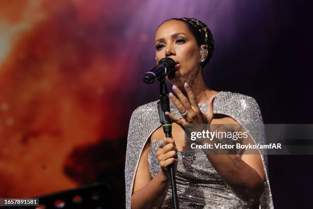 Leona Lewis performs on stage at the amfAR gala Venezia 2023 presented by Mastercard and Red Sea International Film Festival on September 03, 2023 in...