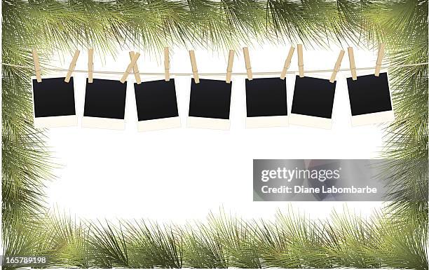 string of polaroids and evergreen branches - clothespin string stock illustrations