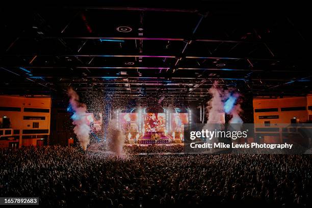 James Bourne, Charlie Simpson and Matt Willis of Busted perform on stage at Cardiff International Arena on September 03, 2023 in Cardiff, Wales.