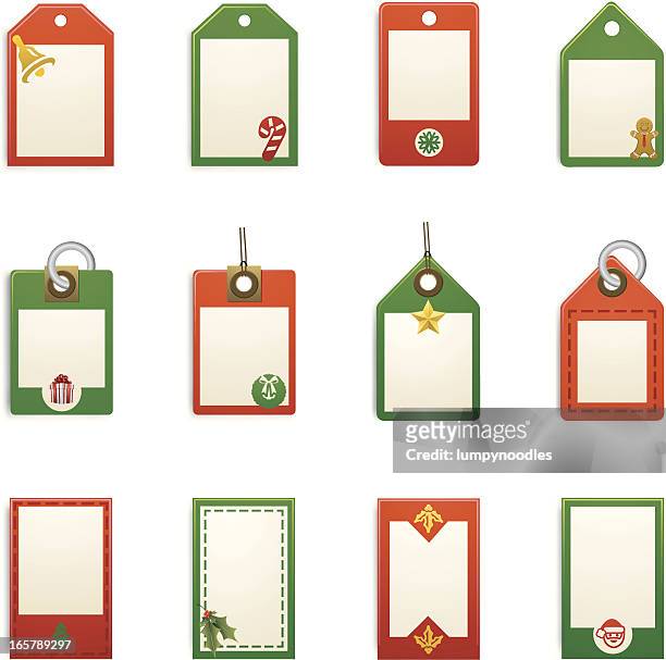 stockillustraties, clipart, cartoons en iconen met twelve christmas holiday tags in red and green - sleebellen