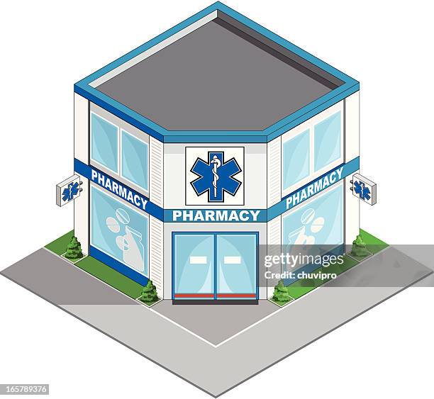 pharmacy building isometric - wall drug store stock illustrations
