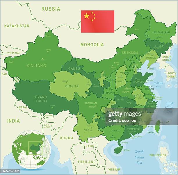 china map green highly detailed - bhutan map stock illustrations