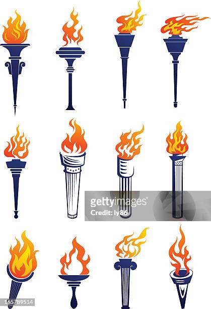 stockillustraties, clipart, cartoons en iconen met set of plain and 3d lit up torches graphics - sport torch