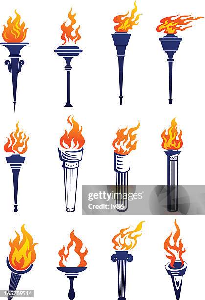 set of plain and 3d lit up torches graphics - torch stock illustrations