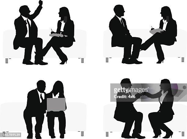 stockillustraties, clipart, cartoons en iconen met silhouette of business executives sitting on couch - bank zitmeubels