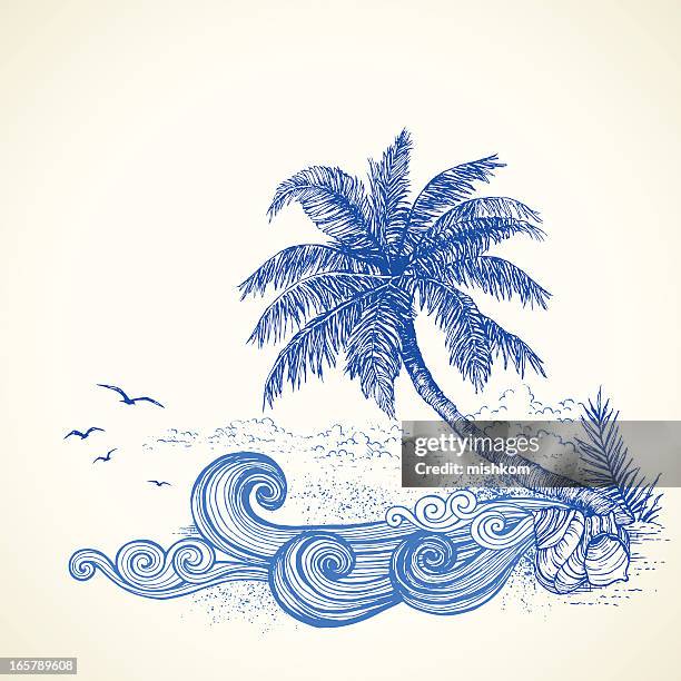 tropical beach drawing - palm leaf stock illustrations