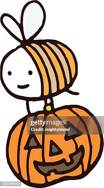 bee carrying a halloween pumpkin - bumblebee white background stock illustrations