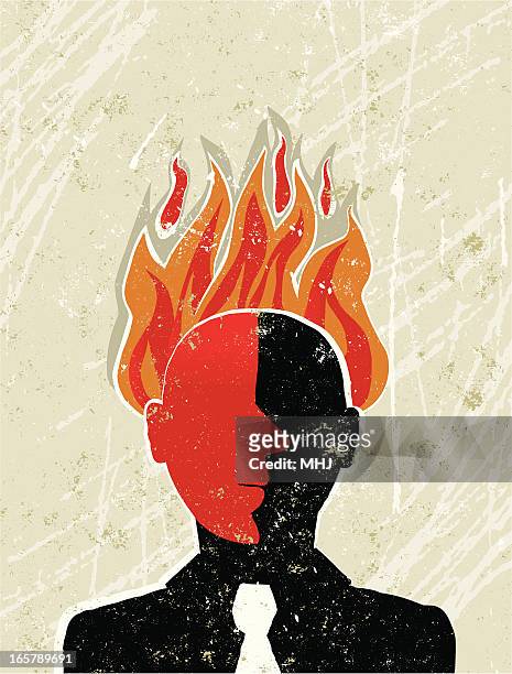 ilustrações, clipart, desenhos animados e ícones de bravo homem de negócios com a cabeça no fogo - burning