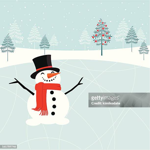 christmas snowman at the skating rink - snowman stock illustrations