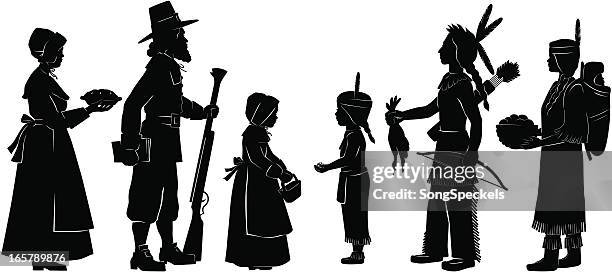 stockillustraties, clipart, cartoons en iconen met indians and pilgrims on thanksgiving - colonial style