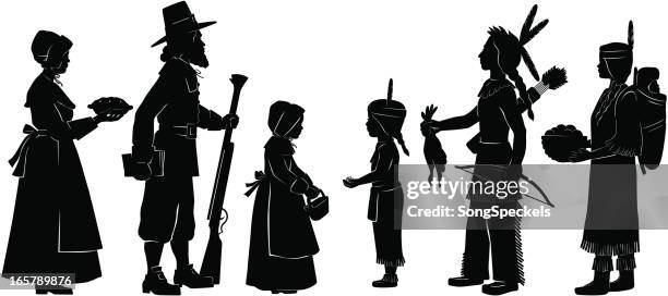 indians and pilgrims on thanksgiving - pilgrims stock illustrations