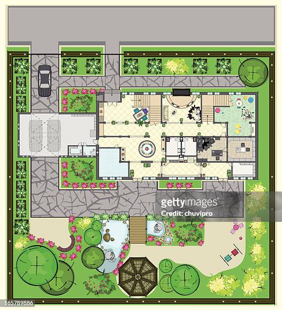 house plan with furnishings and beautiful garden - bathroom door stock illustrations