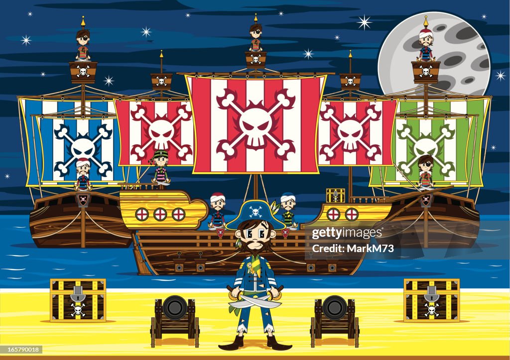 Cute Pirate Captain and Ship Beach Scene