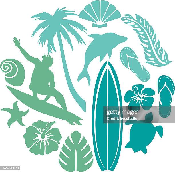 illustrations, cliparts, dessins animés et icônes de composition de surf et de plage - planche de surf