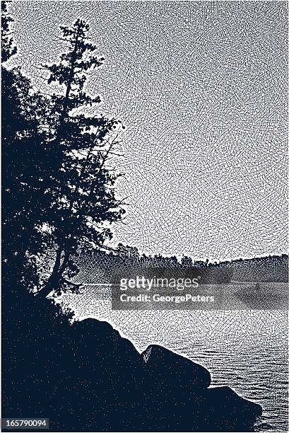 wilderness lake and morning fog - boundary waters canoe area stock illustrations