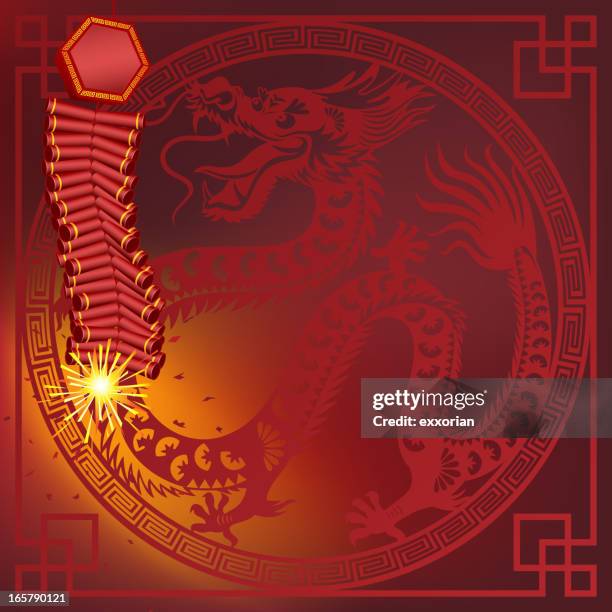 chinese firecracker with dragon frame art - firework explosive material stock illustrations