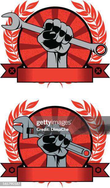 hand with wrench - plumber tools background stock illustrations