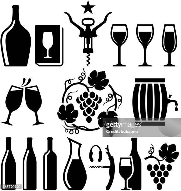 ilustrações, clipart, desenhos animados e ícones de vinho black & branco royalty free vector conjunto de ícones - abridor de garrafa