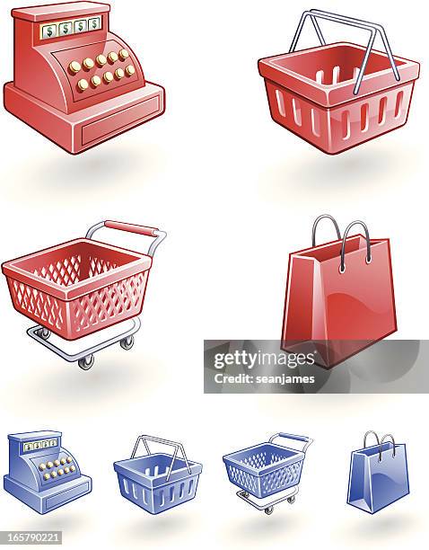 ilustraciones, imágenes clip art, dibujos animados e iconos de stock de compras iconos de la caja registradora, cesta de compras, en el carrito, bolsa - caja de dinero